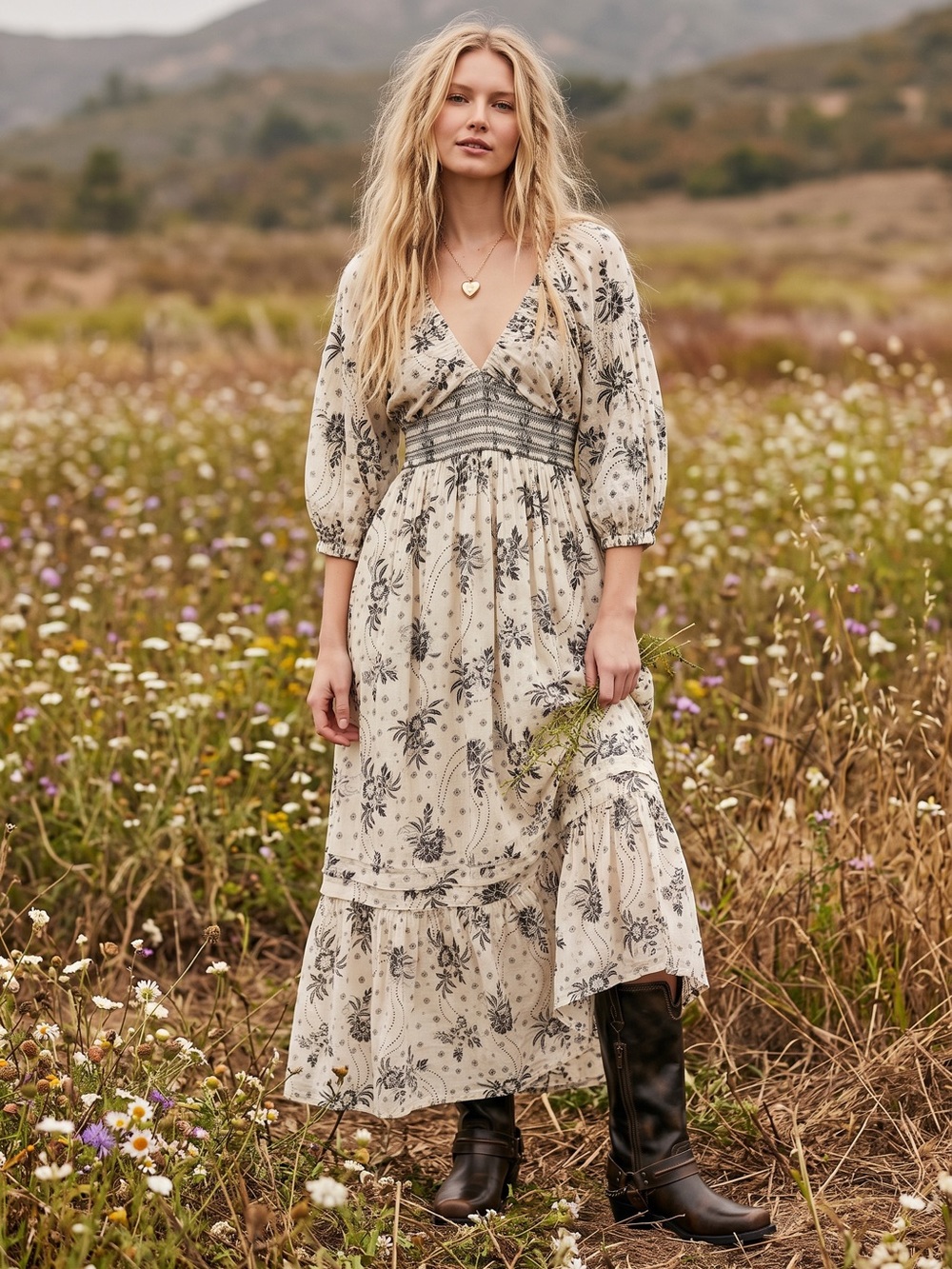 Free People Bohemian Billowy Ethereal Floral Golden Hour Maxi Dress Ivory XL